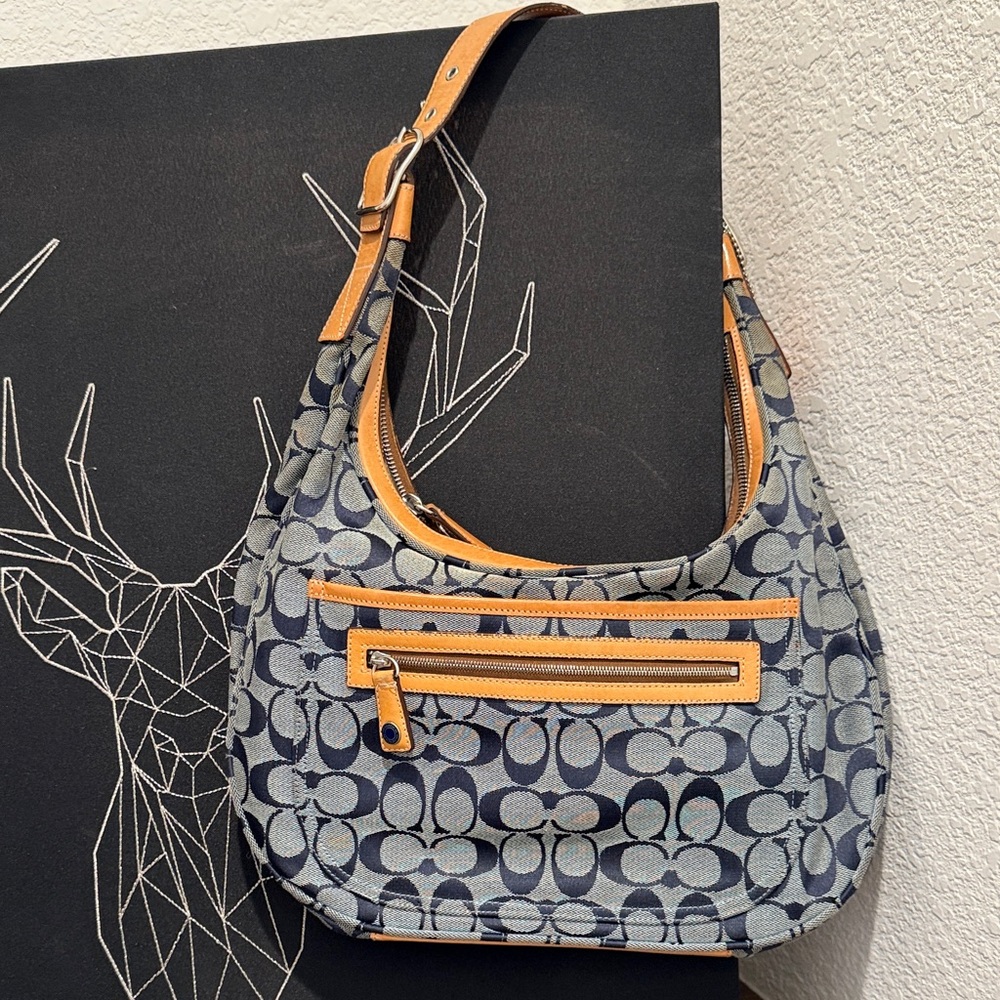 Coach Blue and Tan Shoulder Bag